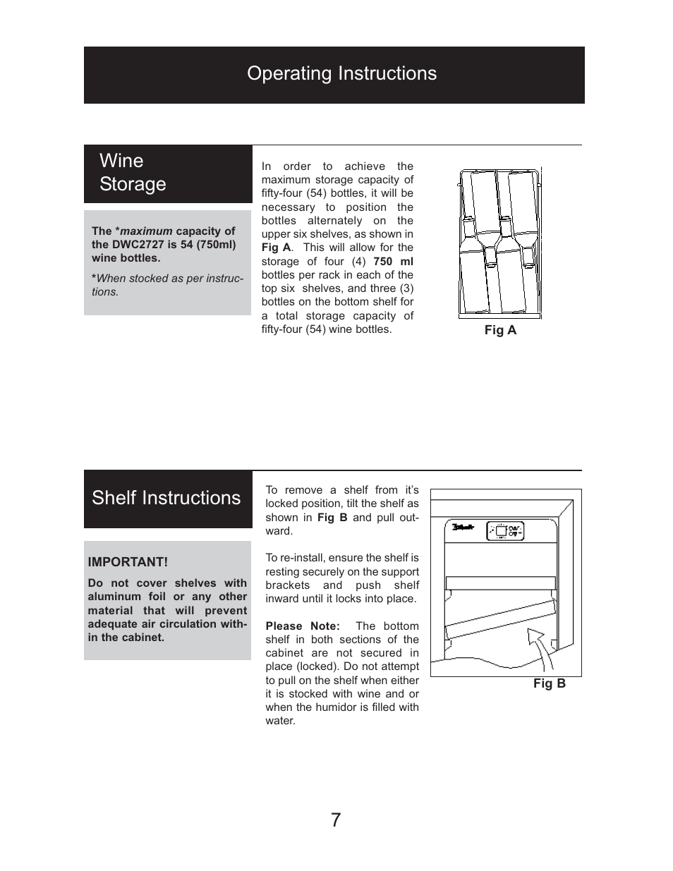 Operating instructions, Wine storage, Shelf instructions | Danby DWC2727BLS User Manual | Page 8 / 34