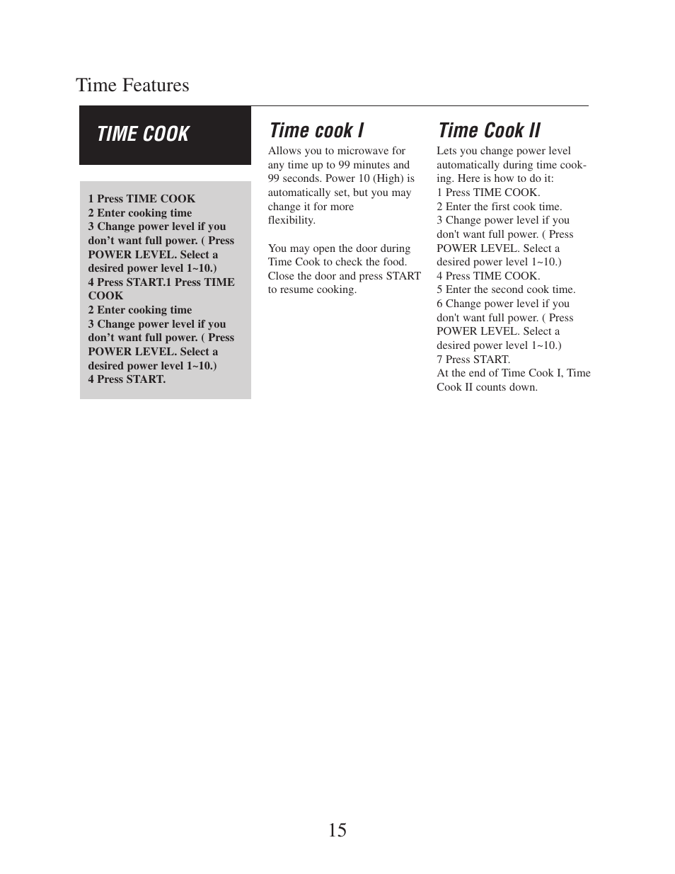 Time features 15 time cook time cook i, Time cook ii | Danby DMW162BL-OTR User Manual | Page 16 / 39