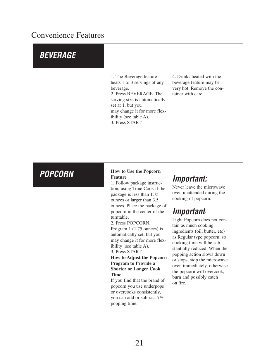 Convenience features 21 beverage, Popcorn, Important | Danby DMW162BL-OTR User Manual | Page 22 / 39