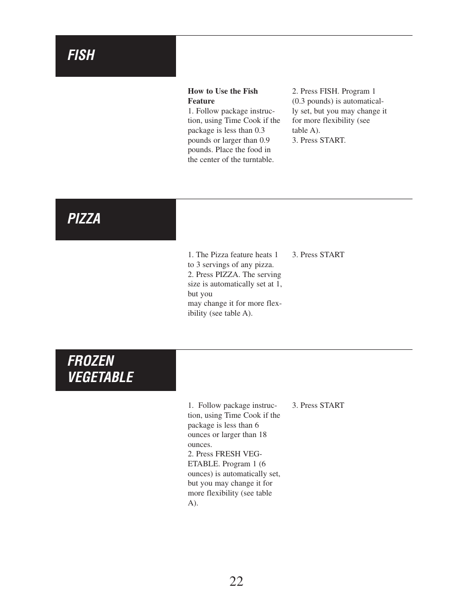 22 fish, Pizza, Frozen vegetable | Danby DMW162BL-OTR User Manual | Page 23 / 39