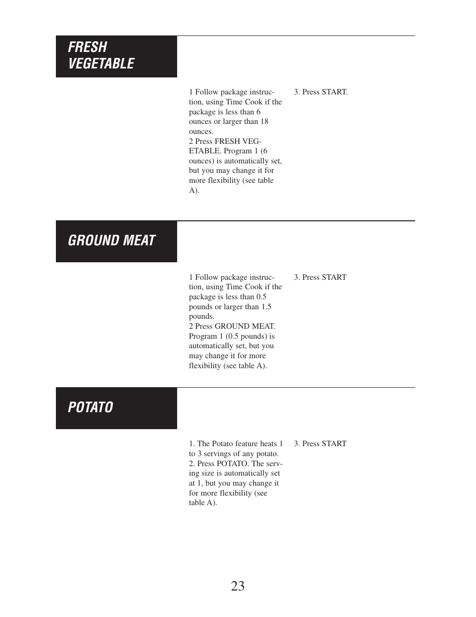 23 fresh vegetable, Ground meat, Potato | Danby DMW162BL-OTR User Manual | Page 24 / 39