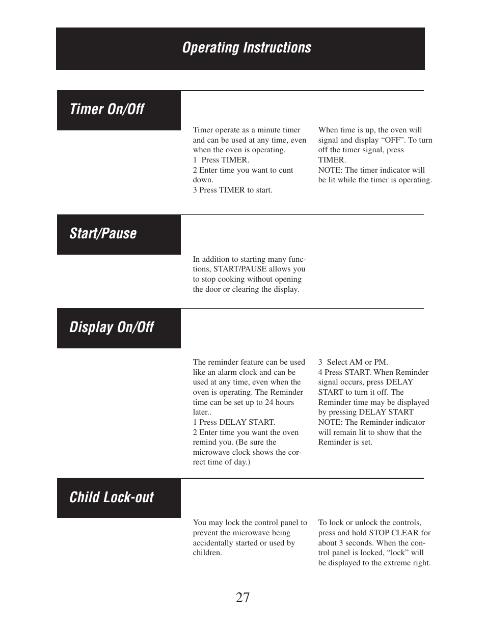 27 timer on/off, Display on/off, Start/pause | Child lock-out, Operating instructions | Danby DMW162BL-OTR User Manual | Page 28 / 39