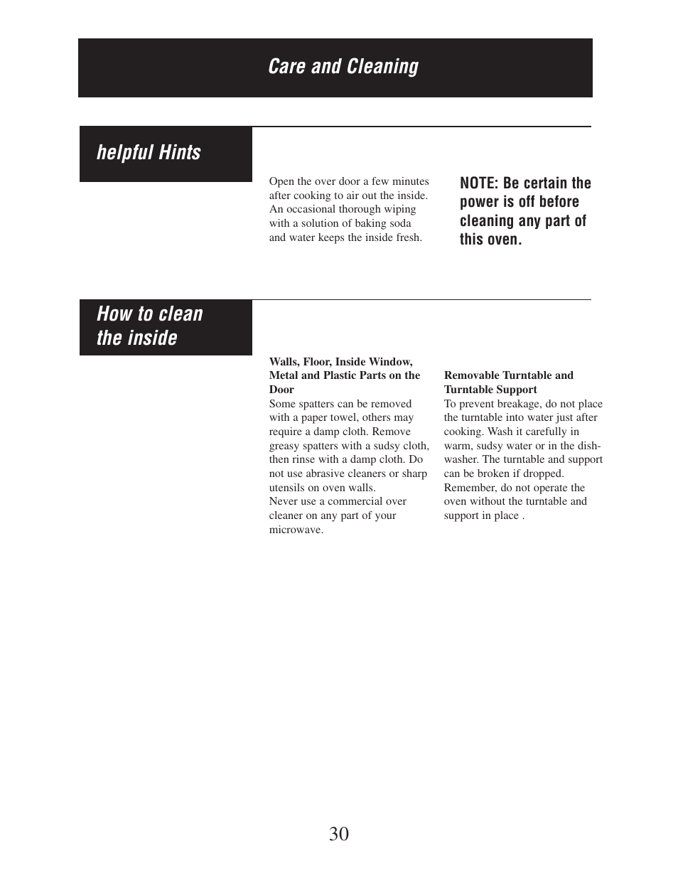 30 helpful hints, How to clean the inside, Care and cleaning | Danby DMW162BL-OTR User Manual | Page 31 / 39