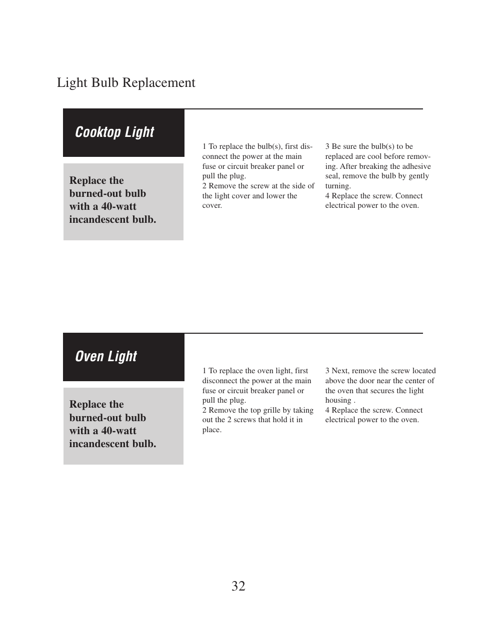 Light bulb replacement 32 cooktop light, Oven light | Danby DMW162BL-OTR User Manual | Page 33 / 39