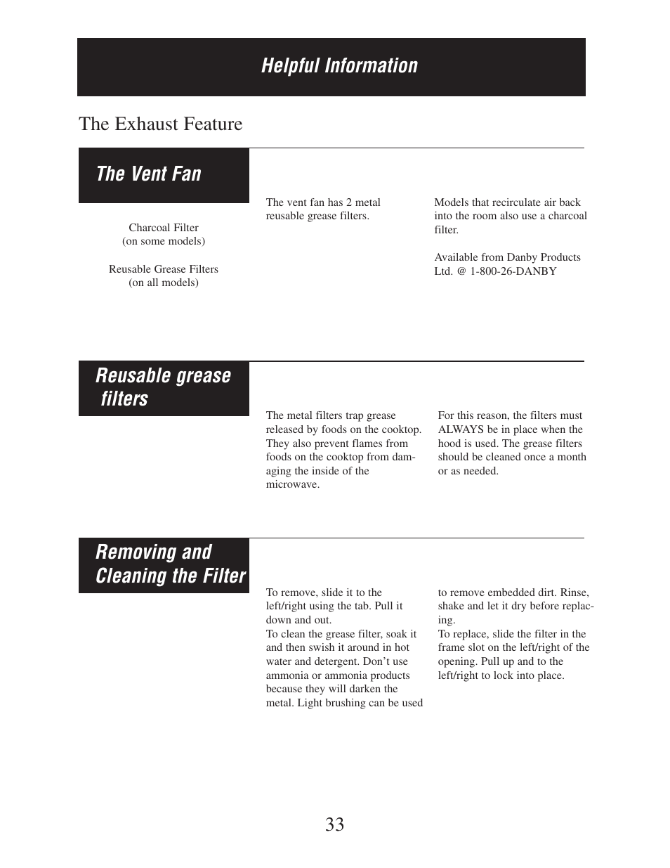 The exhaust feature 33 the vent fan, Reusable grease filters, Removing and cleaning the filter | Helpful information | Danby DMW162BL-OTR User Manual | Page 34 / 39