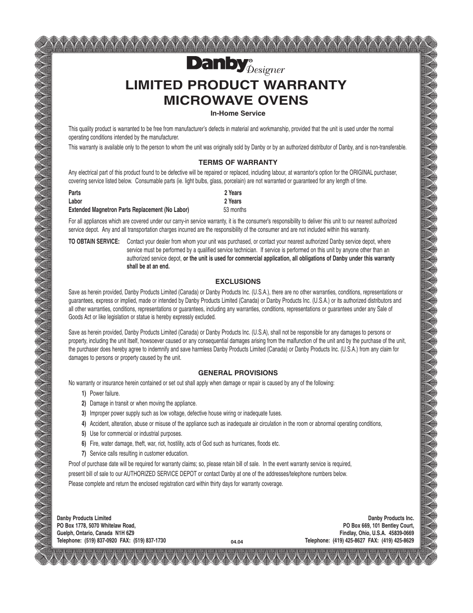 Limited product warranty microwave ovens | Danby DMW162BL-OTR User Manual | Page 38 / 39