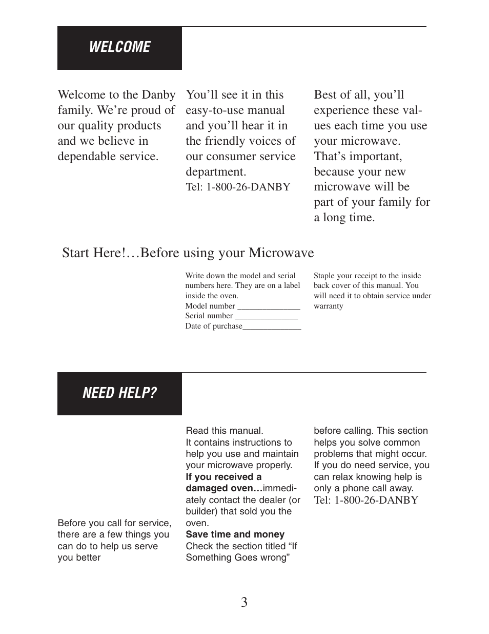 3welcome need help, Start here!…before using your microwave | Danby DMW162BL-OTR User Manual | Page 4 / 39