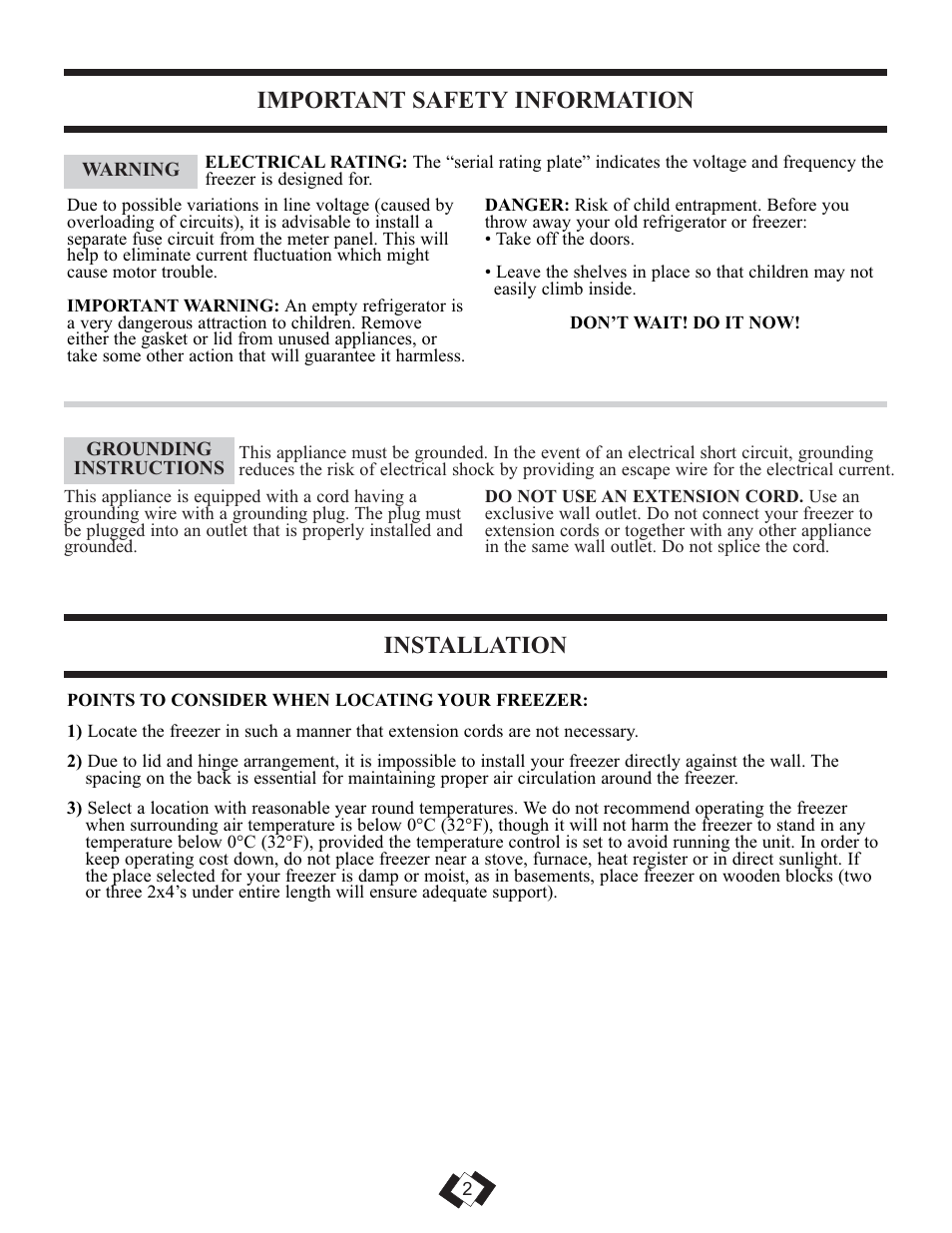 Important safety information, Installation | Danby DCFM289WDD User Manual | Page 3 / 18