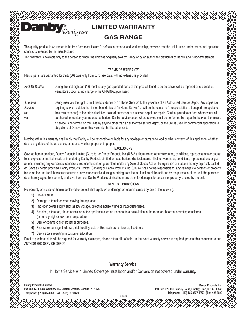 Limited warranty gas range | Danby DR399BLSGLP User Manual | Page 12 / 35