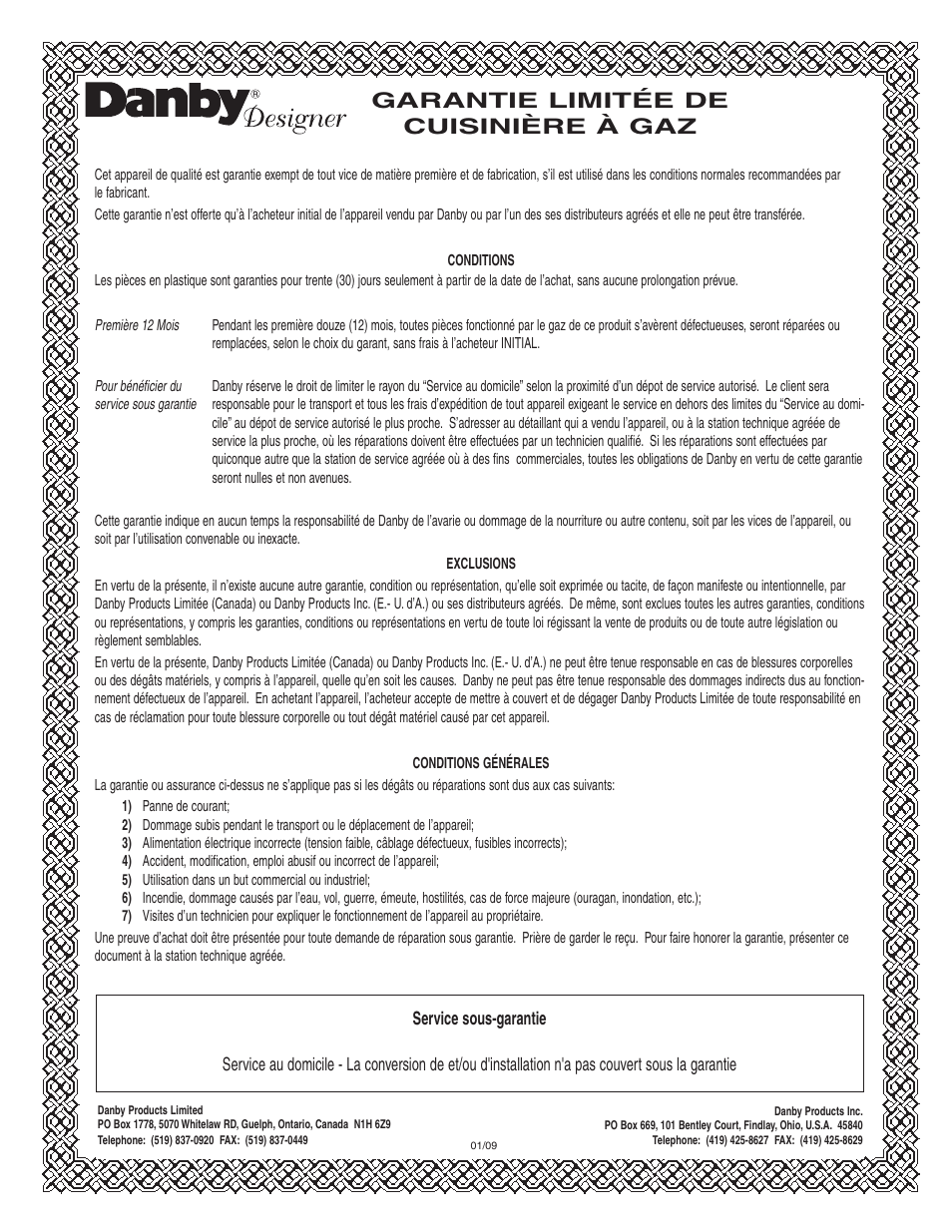 Garantie limitée de cuisinière à gaz | Danby DR399BLSGLP User Manual | Page 34 / 35