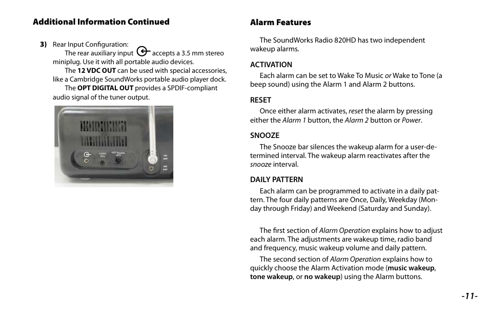 Alarm features, Additional information continued | Acreative 820HD User Manual | Page 13 / 20