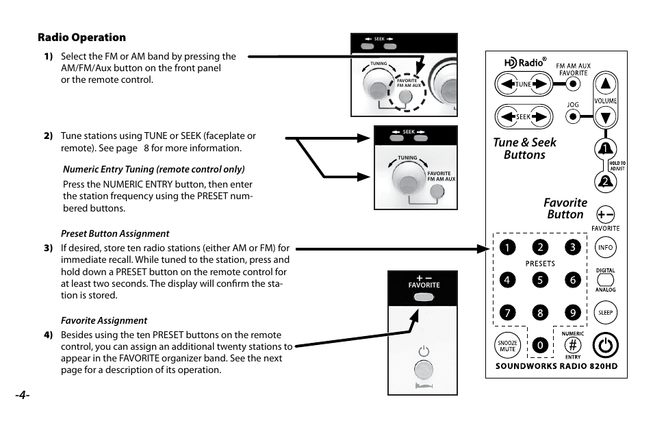 Tune & seek buttons favorite button, Radio operation | Acreative 820HD User Manual | Page 6 / 20