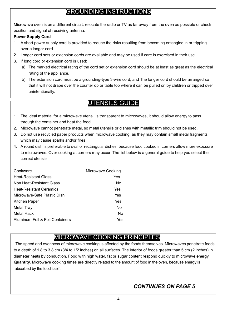 Grounding instructions, Utensils guide, Microwave cooking principles | Continues on page 5 | Danby DMW1048SS User Manual | Page 7 / 49