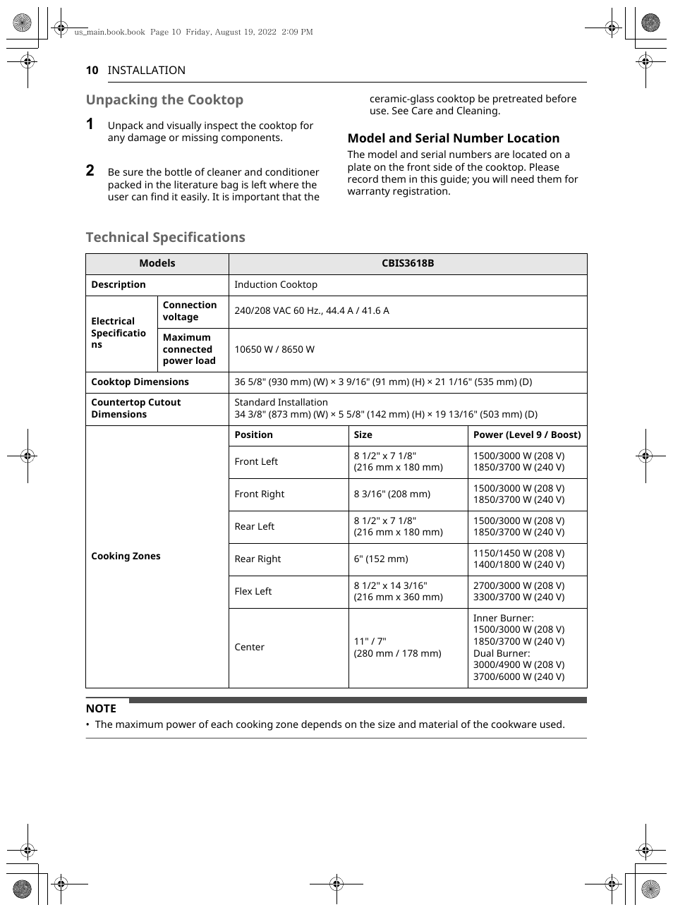 Unpacking the cooktop, Technical specifications | LG Studio 36 Inch Induction Cooktop Owners Guide User Manual | Page 10 / 148