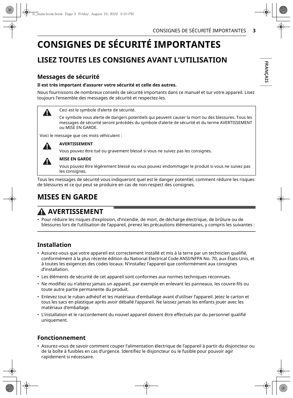 Consignes de sécurité importantes, Lisez toutes les consignes avant l ʼ utilisation, Mises en garde | Avertissement, Messages de sécurité, Installation, Fonctionnement | LG Studio 36 Inch Induction Cooktop Owners Guide User Manual | Page 101 / 148