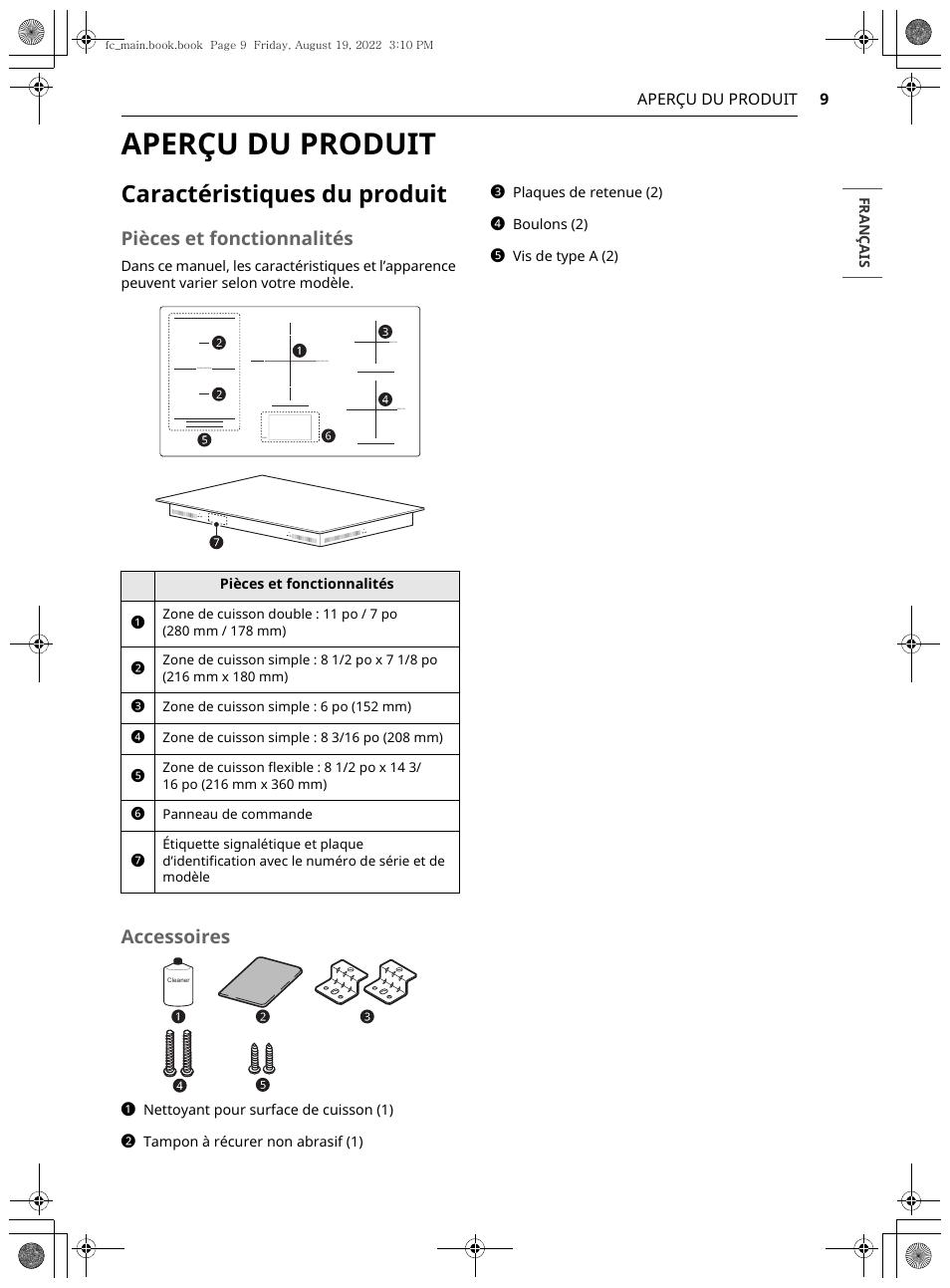 Aperçu du produit, Caractéristiques du produit, Pièces et fonctionnalités | Accessoires | LG Studio 36 Inch Induction Cooktop Owners Guide User Manual | Page 107 / 148