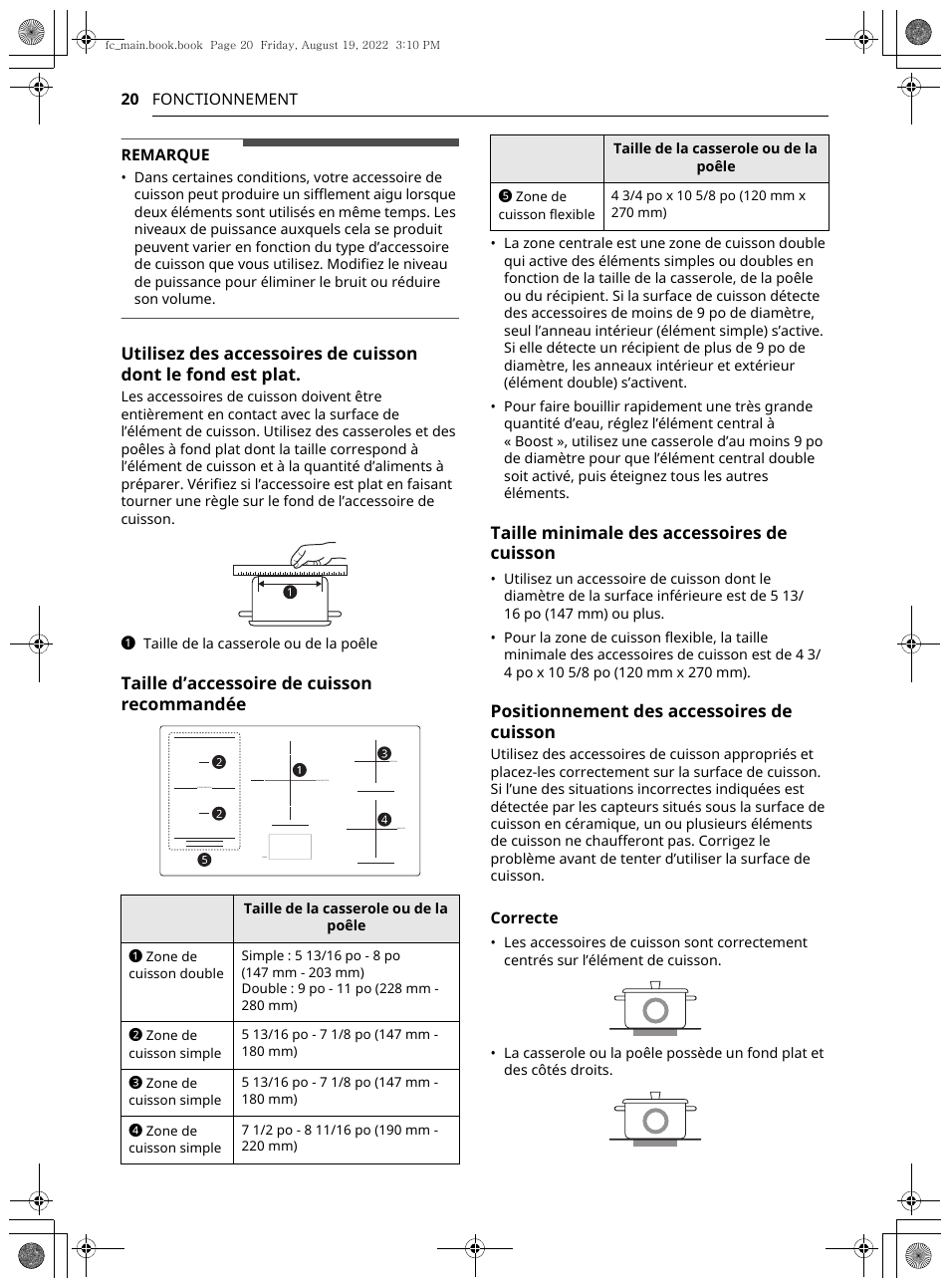 Taille d’accessoire de cuisson recommandée, Taille minimale des accessoires de cuisson, Positionnement des accessoires de cuisson | LG Studio 36 Inch Induction Cooktop Owners Guide User Manual | Page 118 / 148