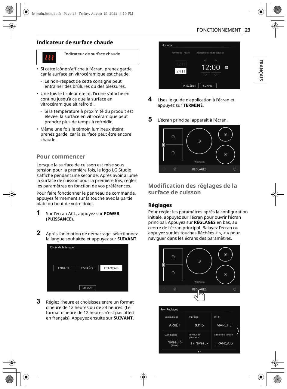 Pour commencer, Modification des réglages de la surface de cuisson | LG Studio 36 Inch Induction Cooktop Owners Guide User Manual | Page 121 / 148