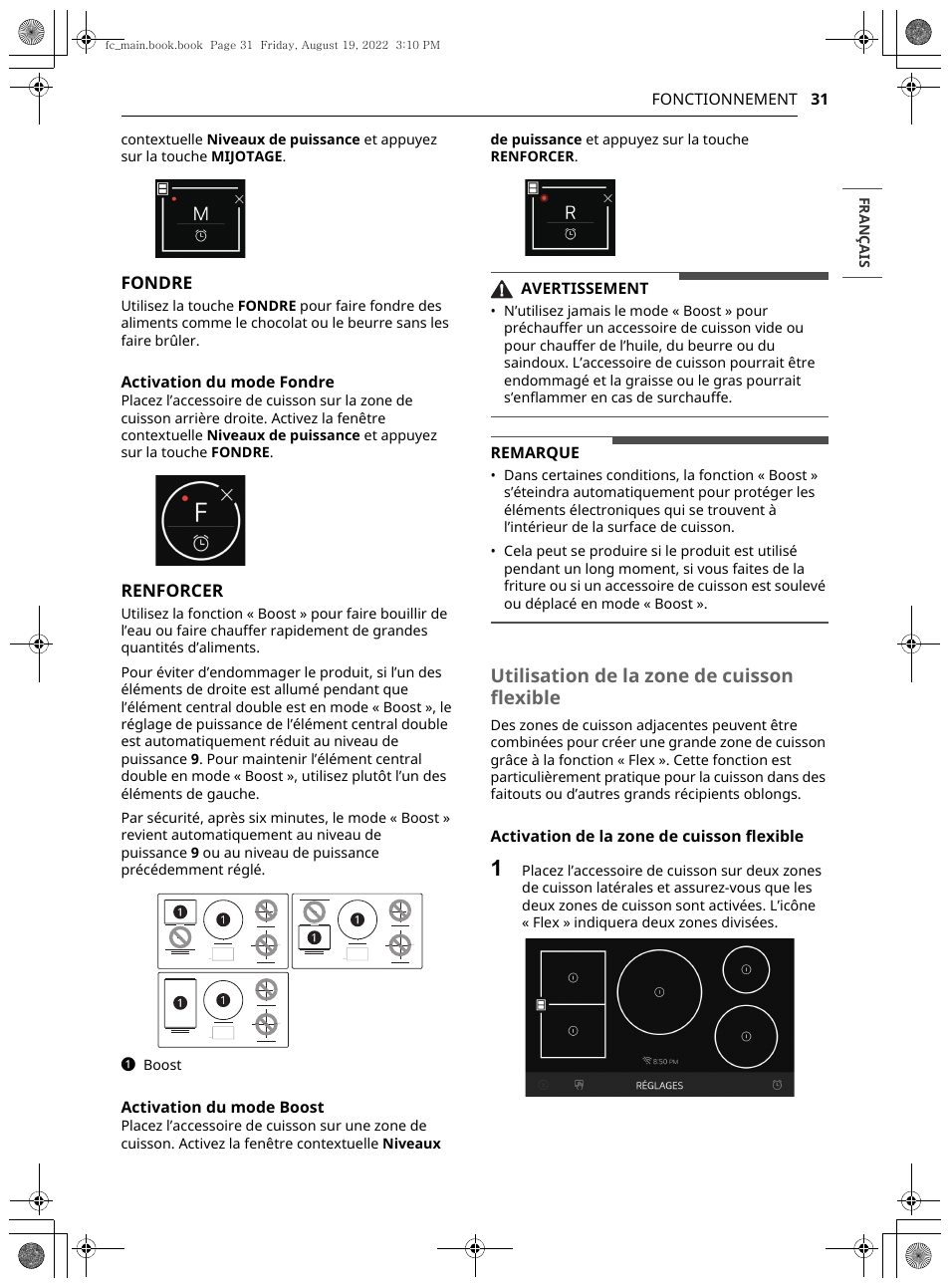 Utilisation de la zone de cuisson flexible, Fondre, Renforcer | 31 fonctionnement, Activation du mode fondre, Activation du mode boost, Avertissement, Remarque, Activation de la zone de cuisson flexible, Boost | LG Studio 36 Inch Induction Cooktop Owners Guide User Manual | Page 129 / 148