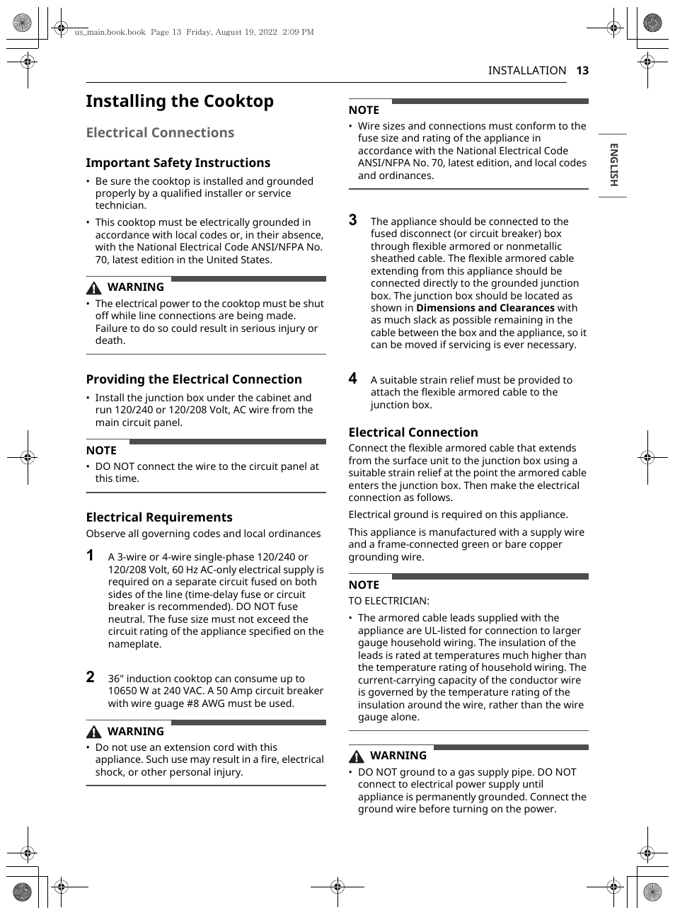 Installing the cooktop, Electrical connections | LG Studio 36 Inch Induction Cooktop Owners Guide User Manual | Page 13 / 148
