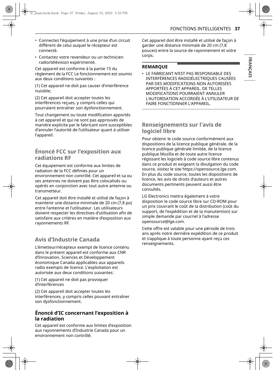 Énoncé fcc sur l’exposition aux radiations rf, Avis d’industrie canada, Renseignements sur l'avis de logiciel libre | LG Studio 36 Inch Induction Cooktop Owners Guide User Manual | Page 135 / 148