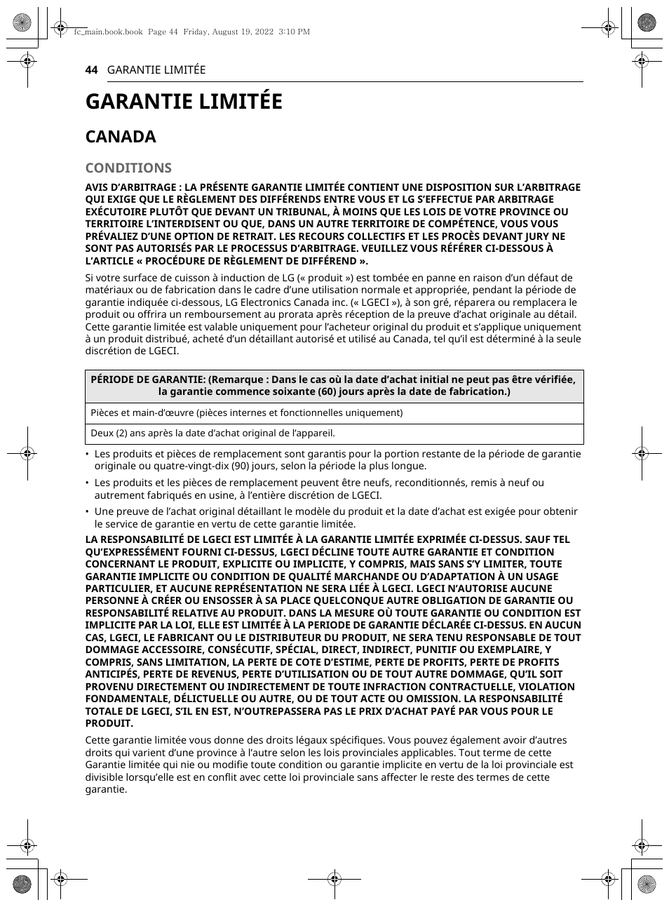 Garantie limitée, Canada, Conditions | LG Studio 36 Inch Induction Cooktop Owners Guide User Manual | Page 142 / 148
