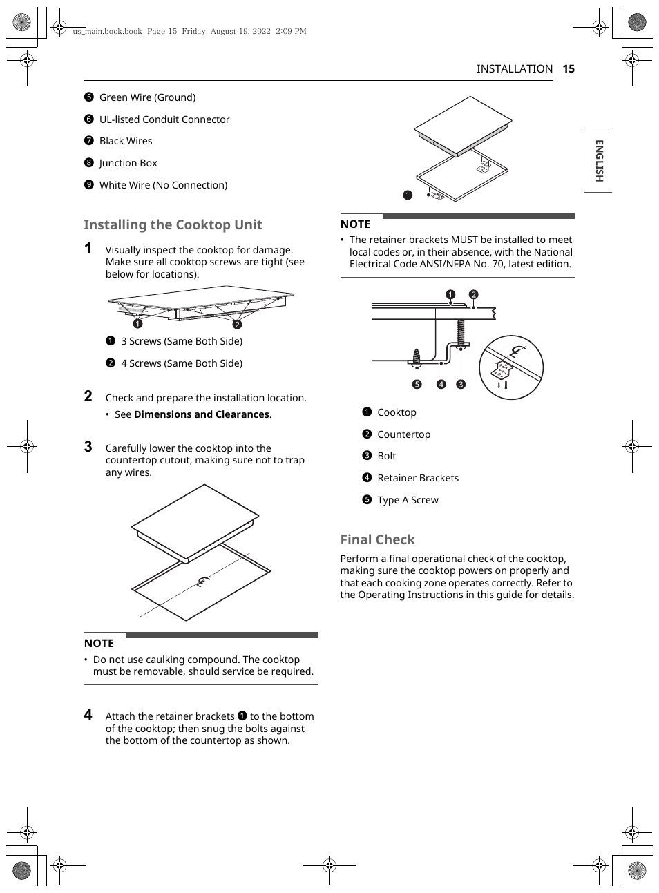 Installing the cooktop unit, Final check | LG Studio 36 Inch Induction Cooktop Owners Guide User Manual | Page 15 / 148