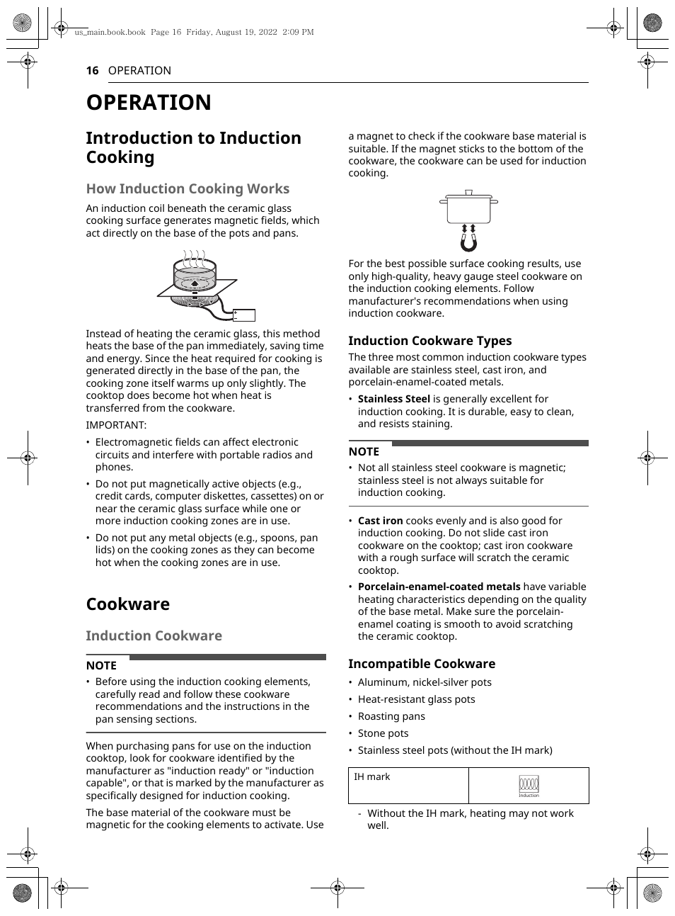 Operation, Introduction to induction cooking, Cookware | How induction cooking works, Induction cookware | LG Studio 36 Inch Induction Cooktop Owners Guide User Manual | Page 16 / 148