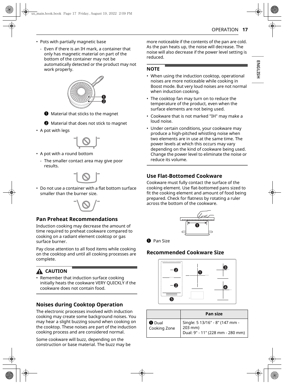 Pan preheat recommendations, Noises during cooktop operation, Use flat-bottomed cookware | Recommended cookware size | LG Studio 36 Inch Induction Cooktop Owners Guide User Manual | Page 17 / 148