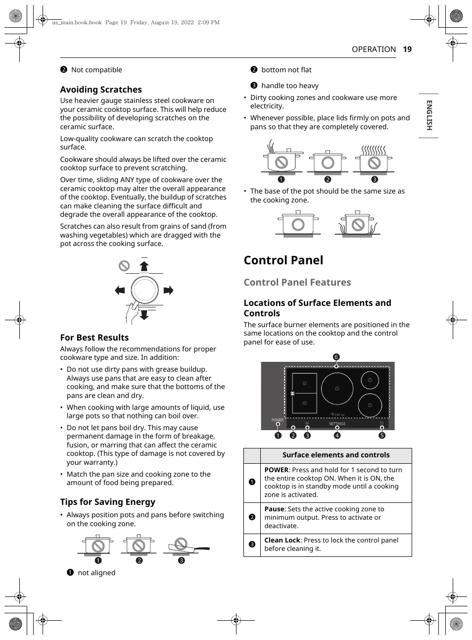 Control panel, Control panel features | LG Studio 36 Inch Induction Cooktop Owners Guide User Manual | Page 19 / 148