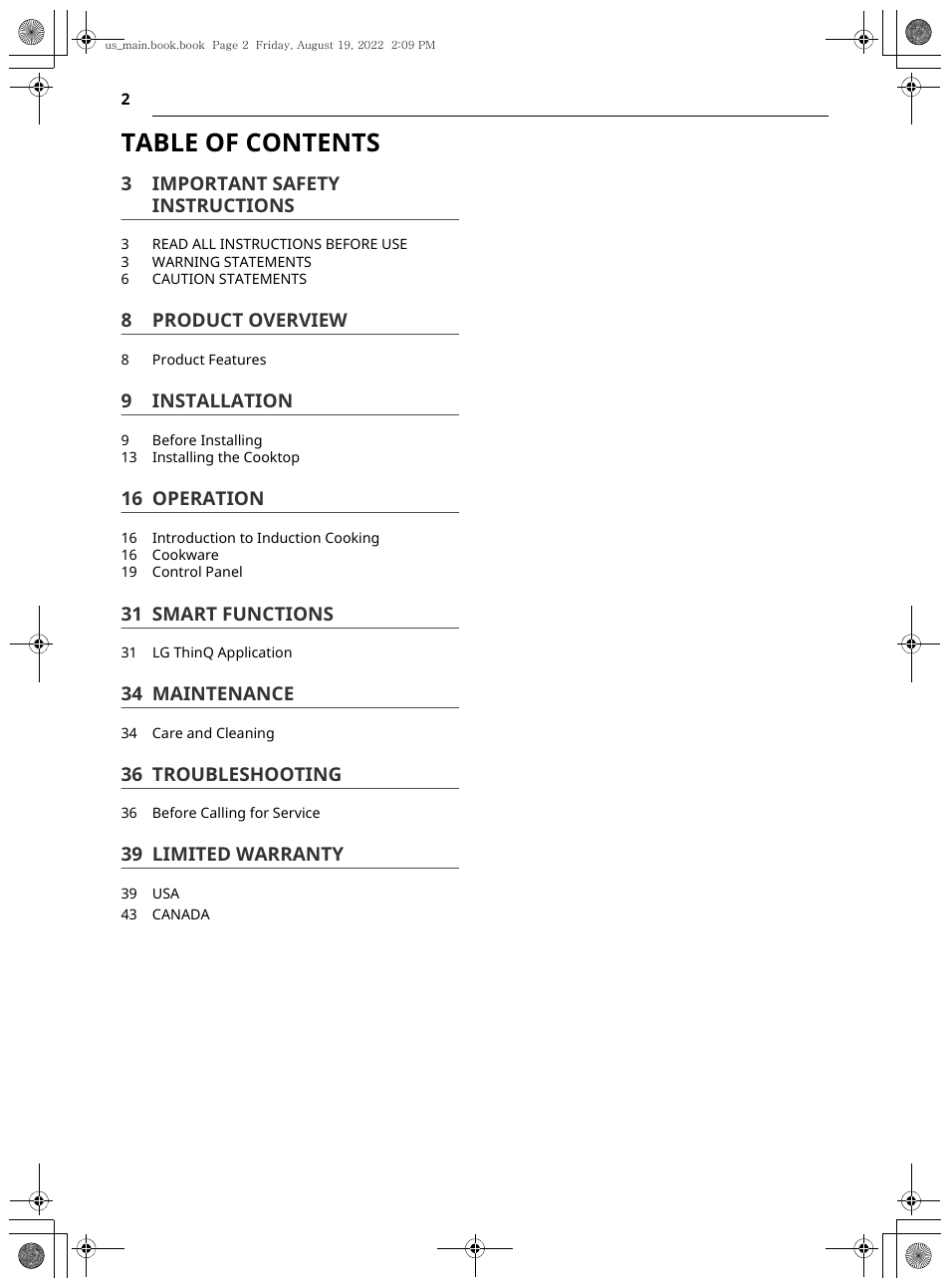 LG Studio 36 Inch Induction Cooktop Owners Guide User Manual | Page 2 / 148