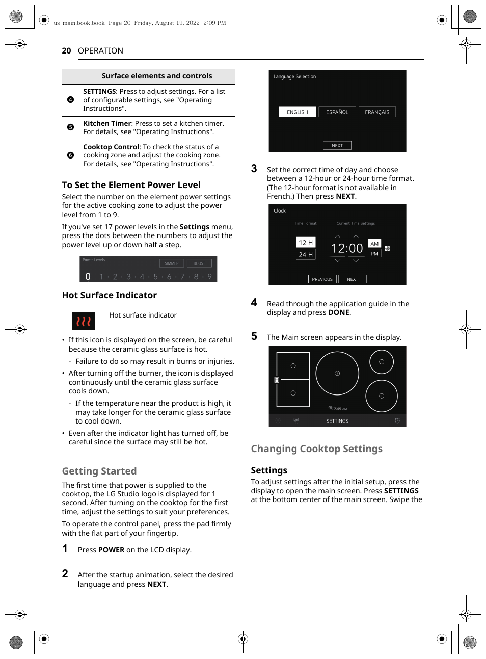 Getting started, Changing cooktop settings | LG Studio 36 Inch Induction Cooktop Owners Guide User Manual | Page 20 / 148