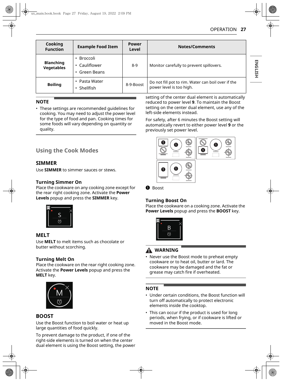 Using the cook modes, Simmer, Melt | Boost, 27 operation, Turning simmer on, Turning melt on, Turning boost on, Warning | LG Studio 36 Inch Induction Cooktop Owners Guide User Manual | Page 27 / 148