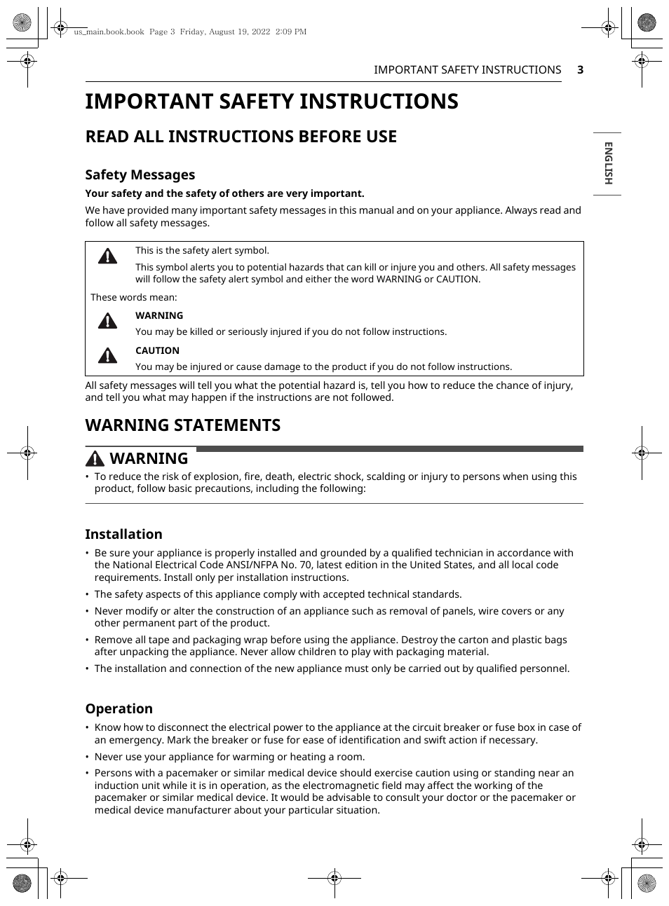 Important safety instructions, Read all instructions before use, Warning statements | Warning, Safety messages, Installation, Operation | LG Studio 36 Inch Induction Cooktop Owners Guide User Manual | Page 3 / 148