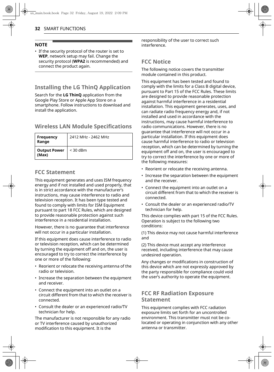 Installing the lg thinq application, Wireless lan module specifications fcc statement, Fcc notice | Fcc rf radiation exposure statement | LG Studio 36 Inch Induction Cooktop Owners Guide User Manual | Page 32 / 148