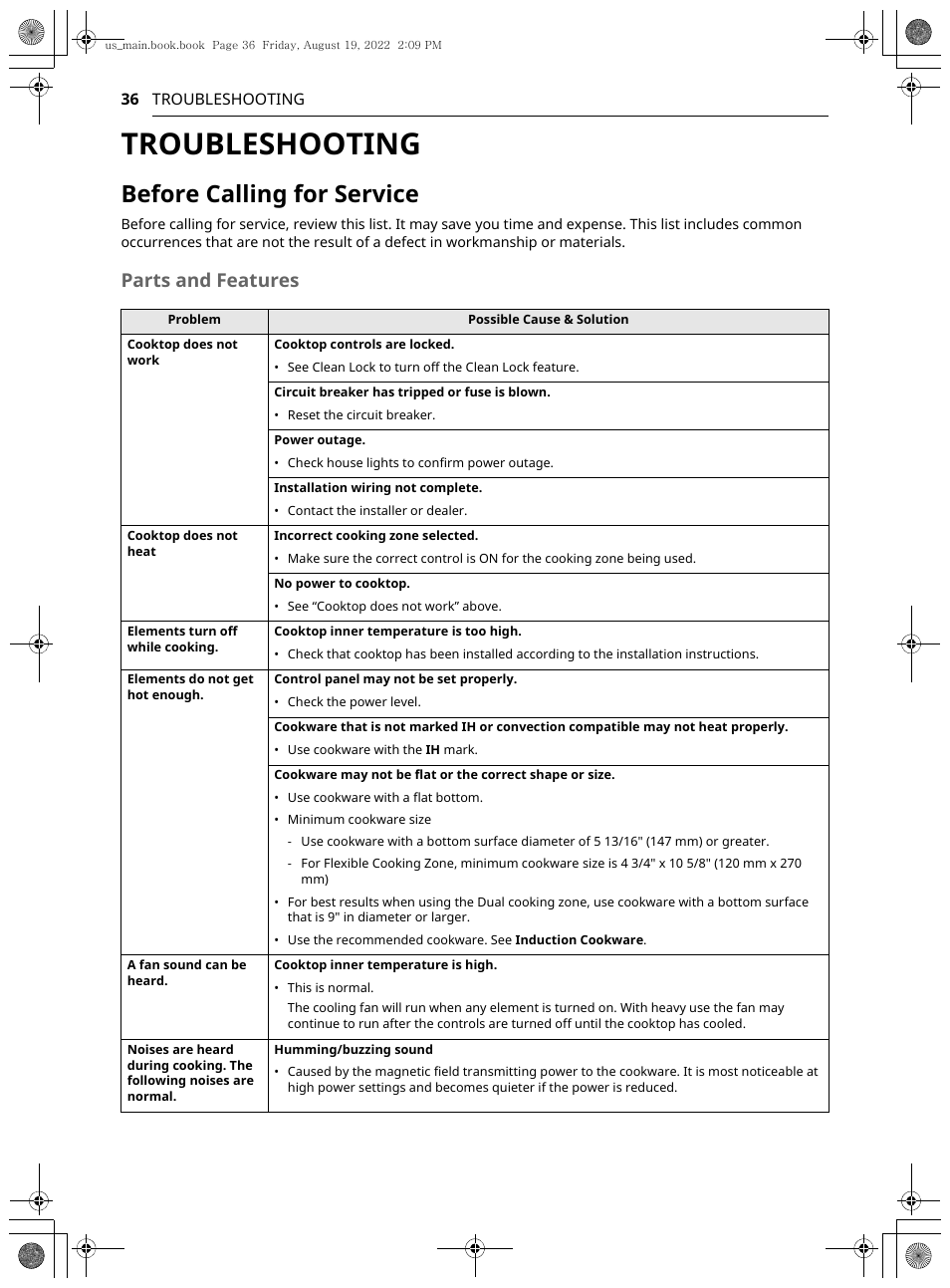 Troubleshooting, Before calling for service, Parts and features | LG Studio 36 Inch Induction Cooktop Owners Guide User Manual | Page 36 / 148