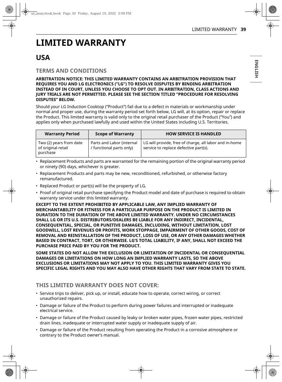 Limited warranty, Terms and conditions, This limited warranty does not cover | LG Studio 36 Inch Induction Cooktop Owners Guide User Manual | Page 39 / 148