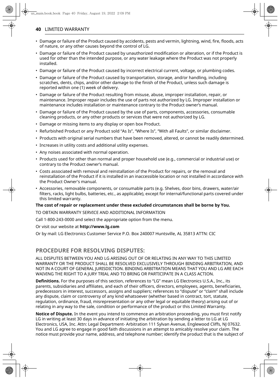 Procedure for resolving disputes | LG Studio 36 Inch Induction Cooktop Owners Guide User Manual | Page 40 / 148