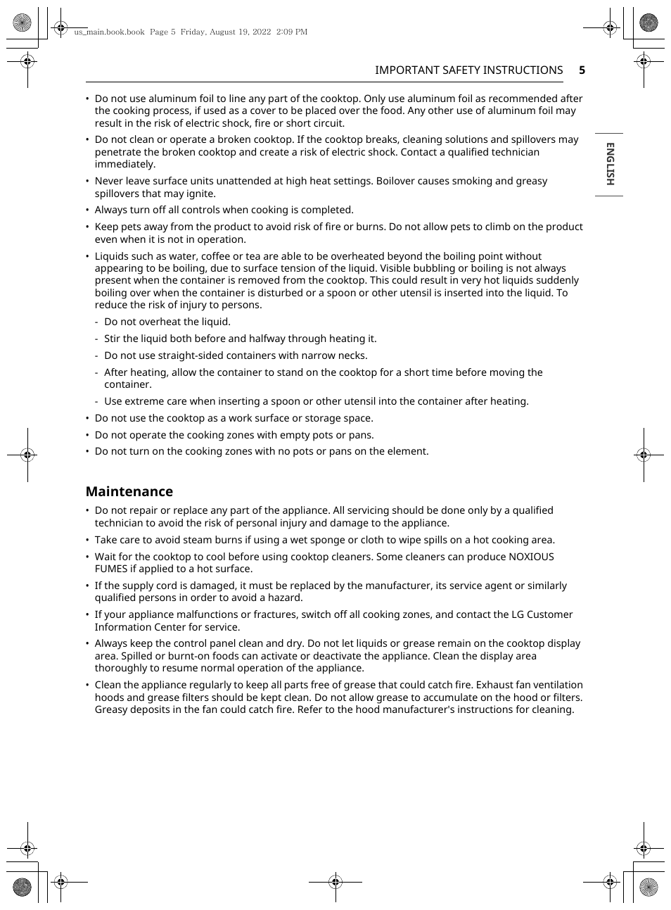 Maintenance | LG Studio 36 Inch Induction Cooktop Owners Guide User Manual | Page 5 / 148