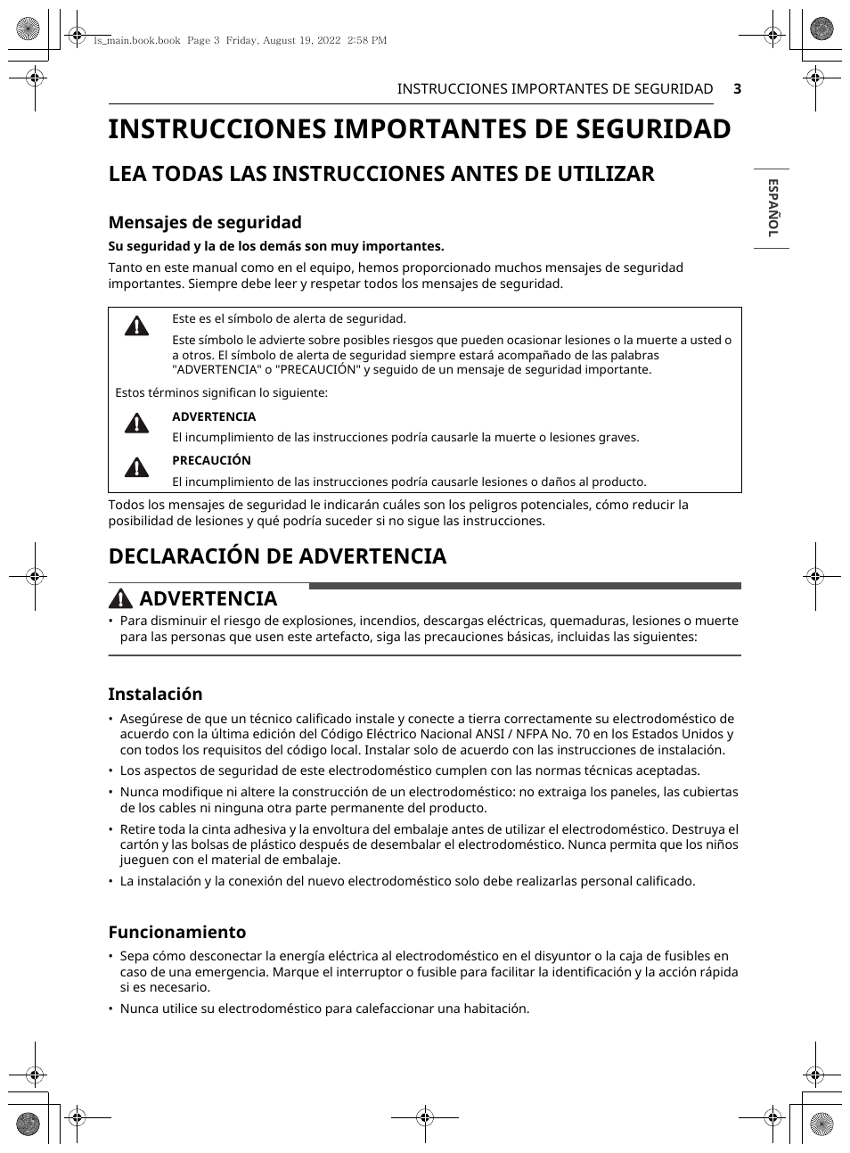 Instrucciones importantes de seguridad, Lea todas las instrucciones antes de utilizar, Declaración de advertencia | Advertencia, Mensajes de seguridad, Instalación, Funcionamiento | LG Studio 36 Inch Induction Cooktop Owners Guide User Manual | Page 51 / 148