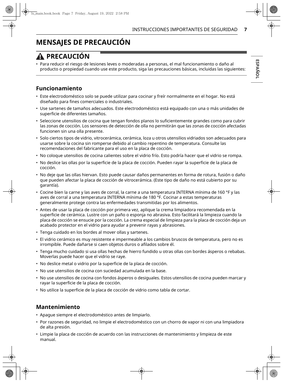 Mensajes de precaución, Precaución, Funcionamiento | Mantenimiento | LG Studio 36 Inch Induction Cooktop Owners Guide User Manual | Page 55 / 148