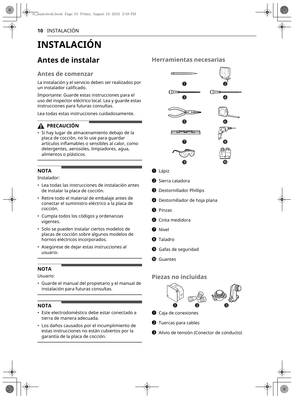 Instalación, Antes de instalar, Antes de comenzar | Herramientas necesarias, Piezas no incluidas | LG Studio 36 Inch Induction Cooktop Owners Guide User Manual | Page 58 / 148