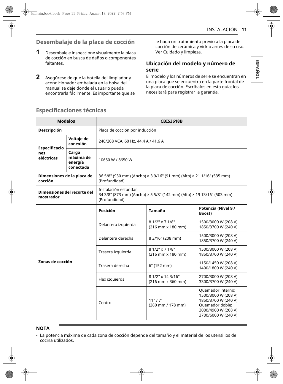 Desembalaje de la placa de cocción, Especificaciones técnicas | LG Studio 36 Inch Induction Cooktop Owners Guide User Manual | Page 59 / 148