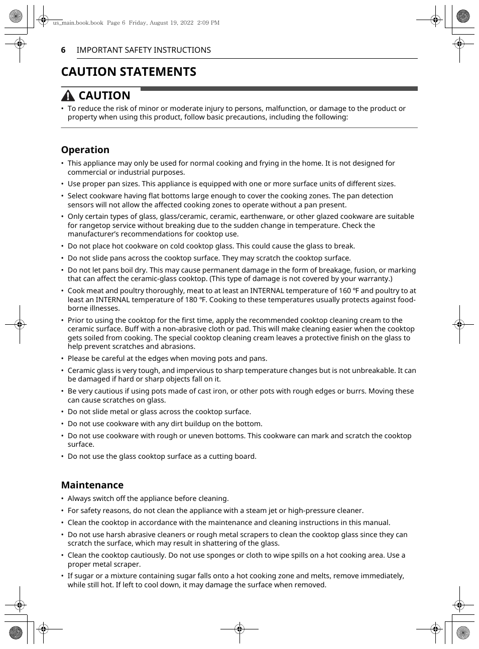 Caution statements, Caution, Operation | Maintenance | LG Studio 36 Inch Induction Cooktop Owners Guide User Manual | Page 6 / 148