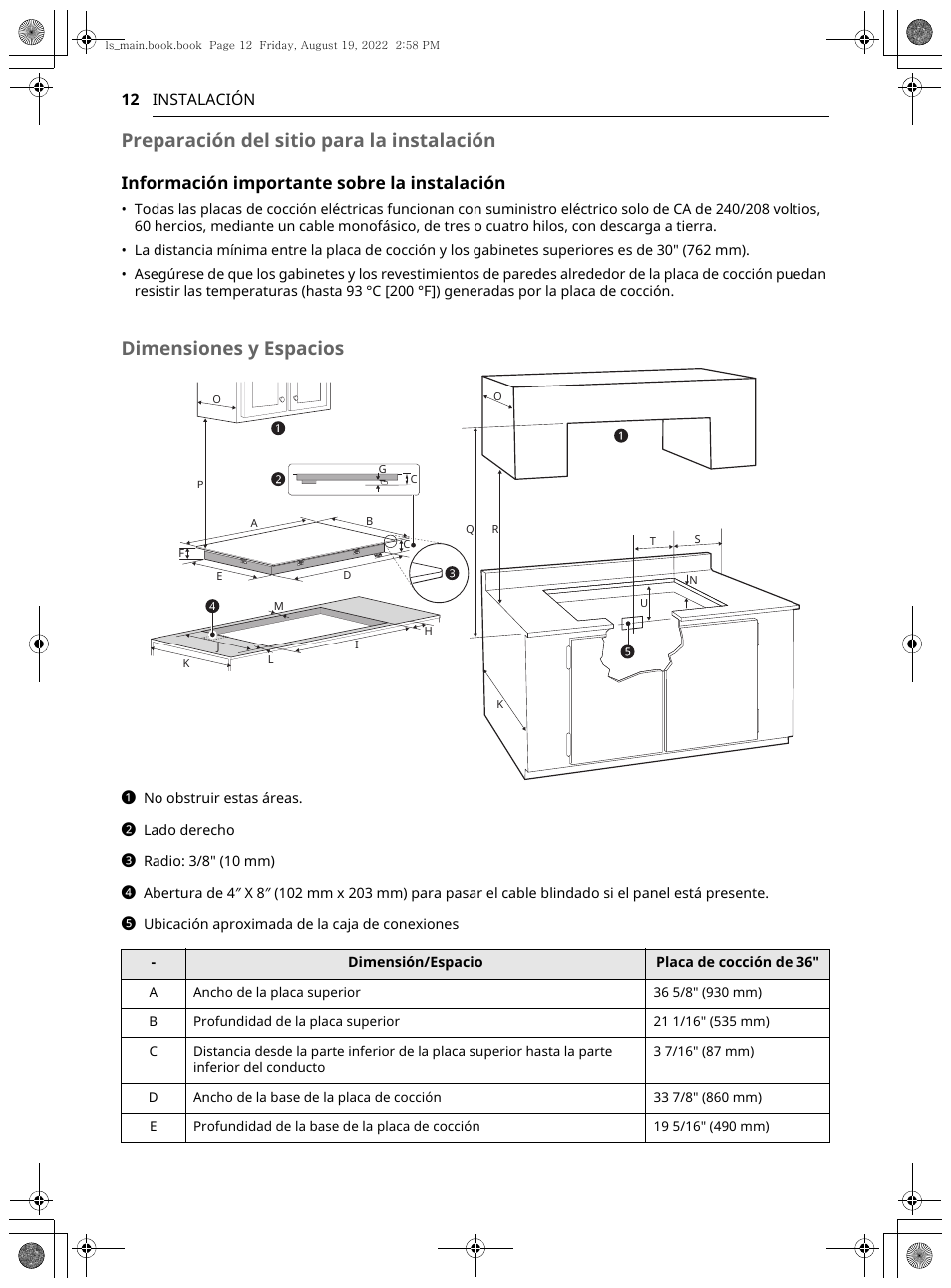 Preparación del sitio para la instalación, Dimensiones y espacios, Información importante sobre la instalación | LG Studio 36 Inch Induction Cooktop Owners Guide User Manual | Page 60 / 148