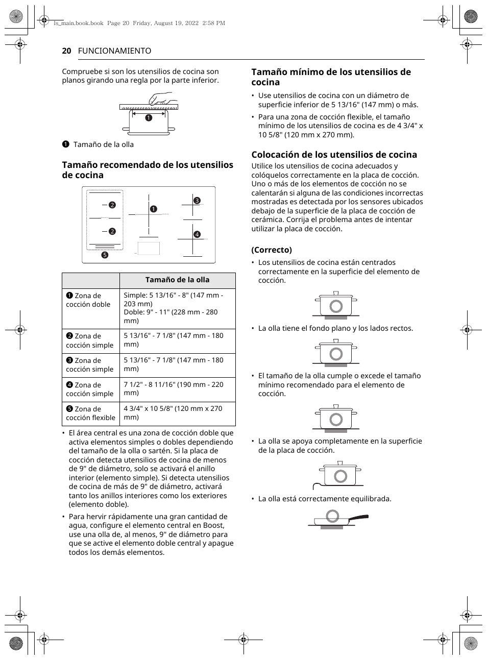 Tamaño recomendado de los utensilios de cocina, Tamaño mínimo de los utensilios de cocina, Colocación de los utensilios de cocina | LG Studio 36 Inch Induction Cooktop Owners Guide User Manual | Page 68 / 148