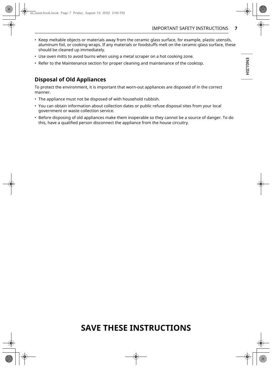 Save these instructions, Disposal of old appliances | LG Studio 36 Inch Induction Cooktop Owners Guide User Manual | Page 7 / 148