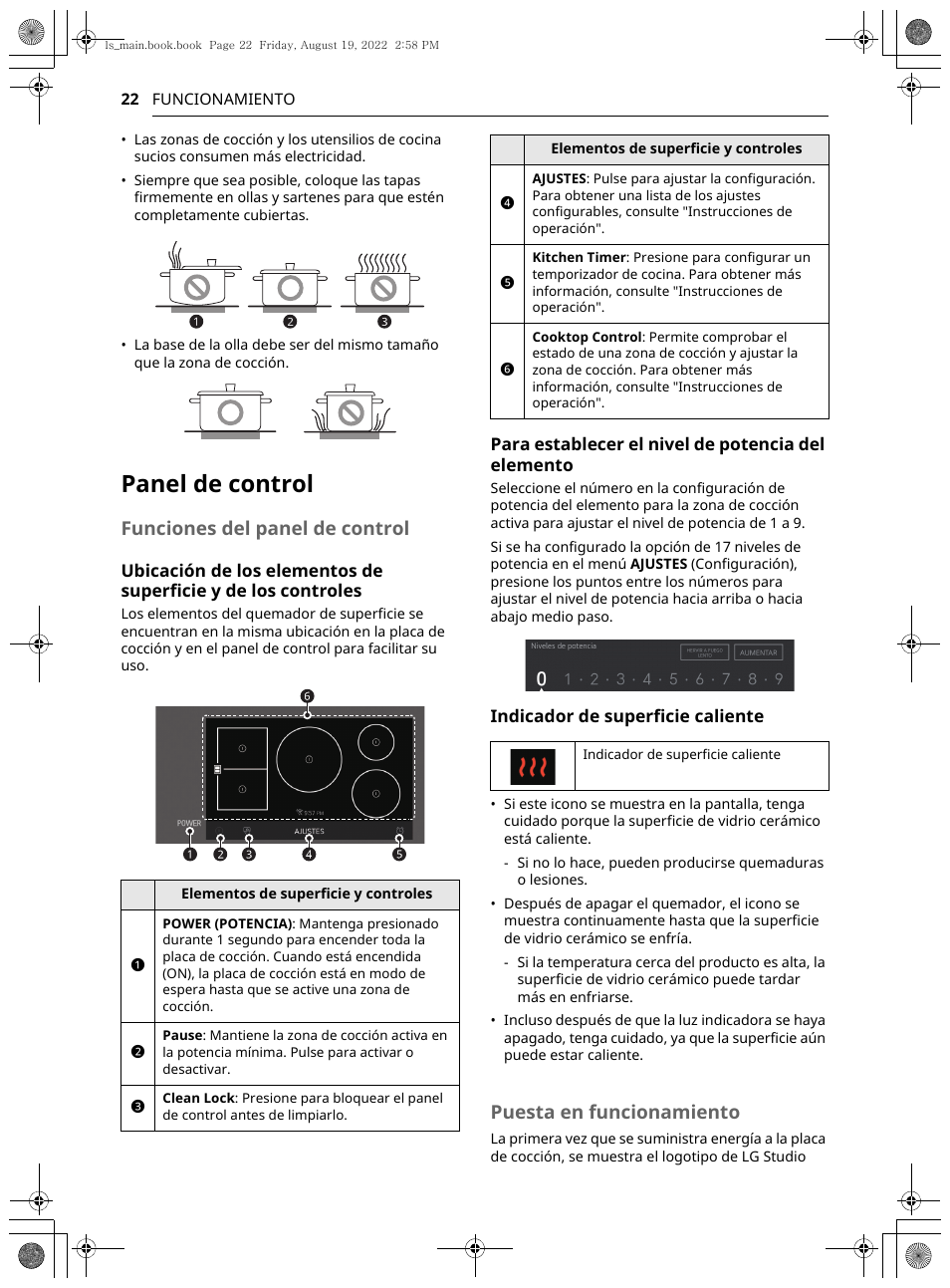 Panel de control, Funciones del panel de control, Puesta en funcionamiento | LG Studio 36 Inch Induction Cooktop Owners Guide User Manual | Page 70 / 148