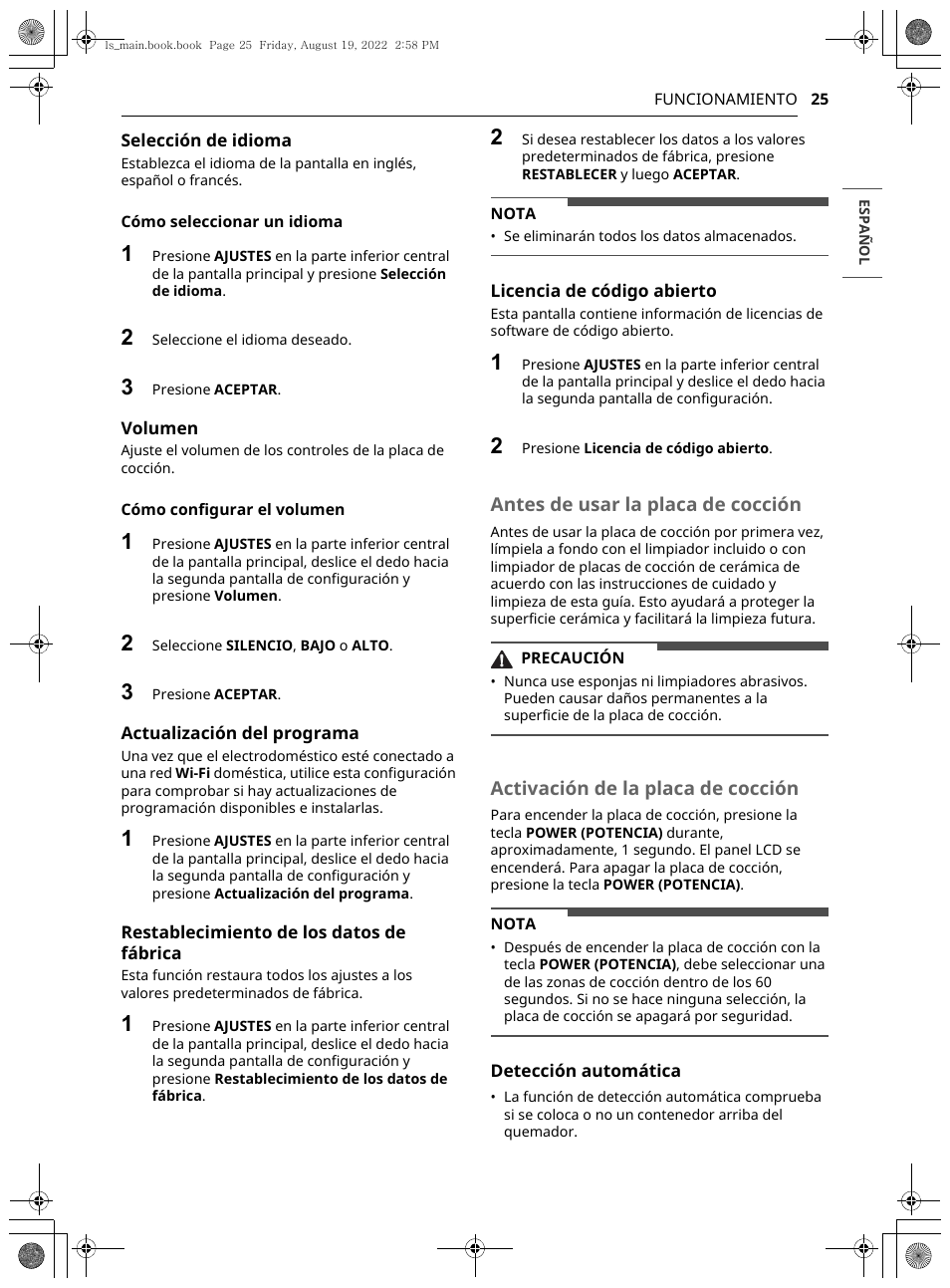 Antes de usar la placa de cocción, Activación de la placa de cocción | LG Studio 36 Inch Induction Cooktop Owners Guide User Manual | Page 73 / 148