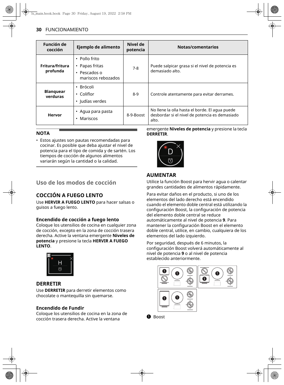 Uso de los modos de cocción, Cocción a fuego lento, Derretir | Aumentar, 30 funcionamiento nota, Encendido de cocción a fuego lento, Encendido de fundir | LG Studio 36 Inch Induction Cooktop Owners Guide User Manual | Page 78 / 148